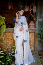 Load image into Gallery viewer, Haluum - A Designer White Cotton Saree with Lion Motifs
