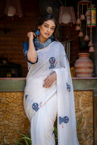 Haluum - A Designer White Cotton Saree with Lion Motifs
