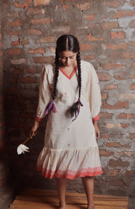 White and Red Handwoven Jamdani Dress