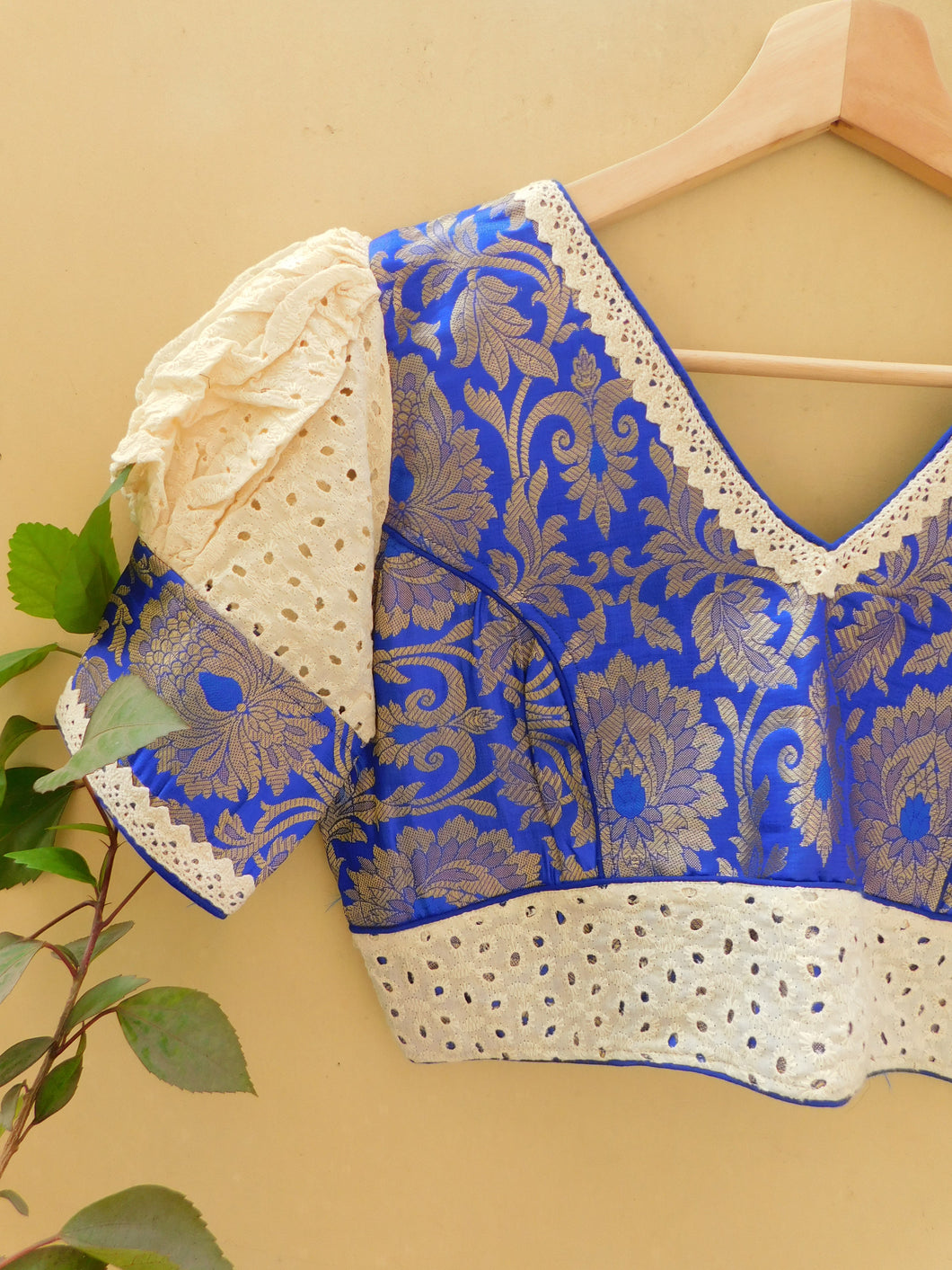 Hakoba Sleeves with Katan Banarasi Patch Blouse - Blue