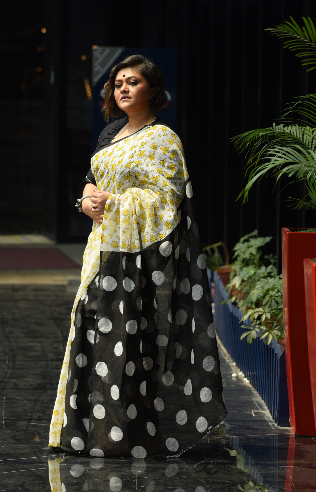 Swarnachampa - A Designer Hand Block Printed Saree on Pure Linen