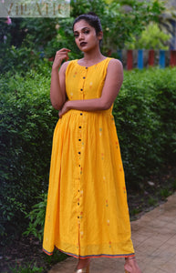 Yellow Cotton Jamdani Maxi Dress