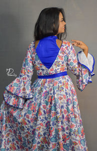 Feather Floral Printed Gown with Double Flared Bell Sleeve