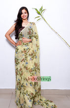 Load image into Gallery viewer, Rose Print Chiffon Saree (Lime Yellow)

