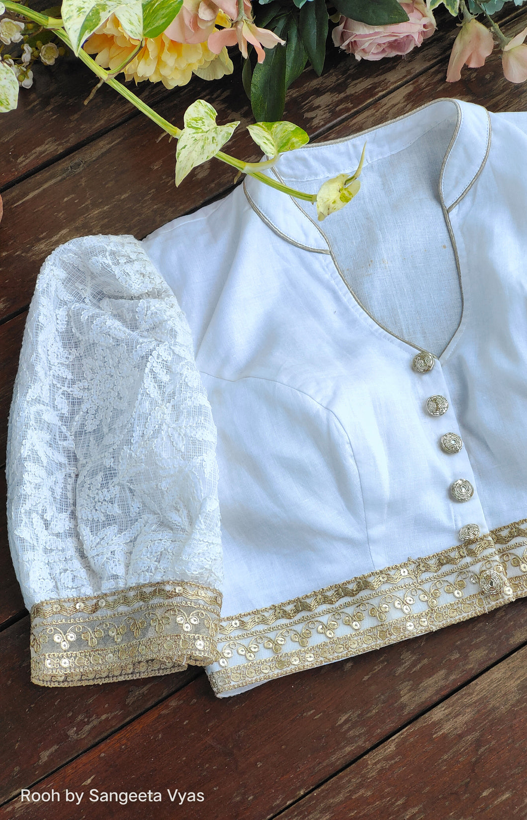 White Cotton Blouse with Puffed Chikankari Sleeves