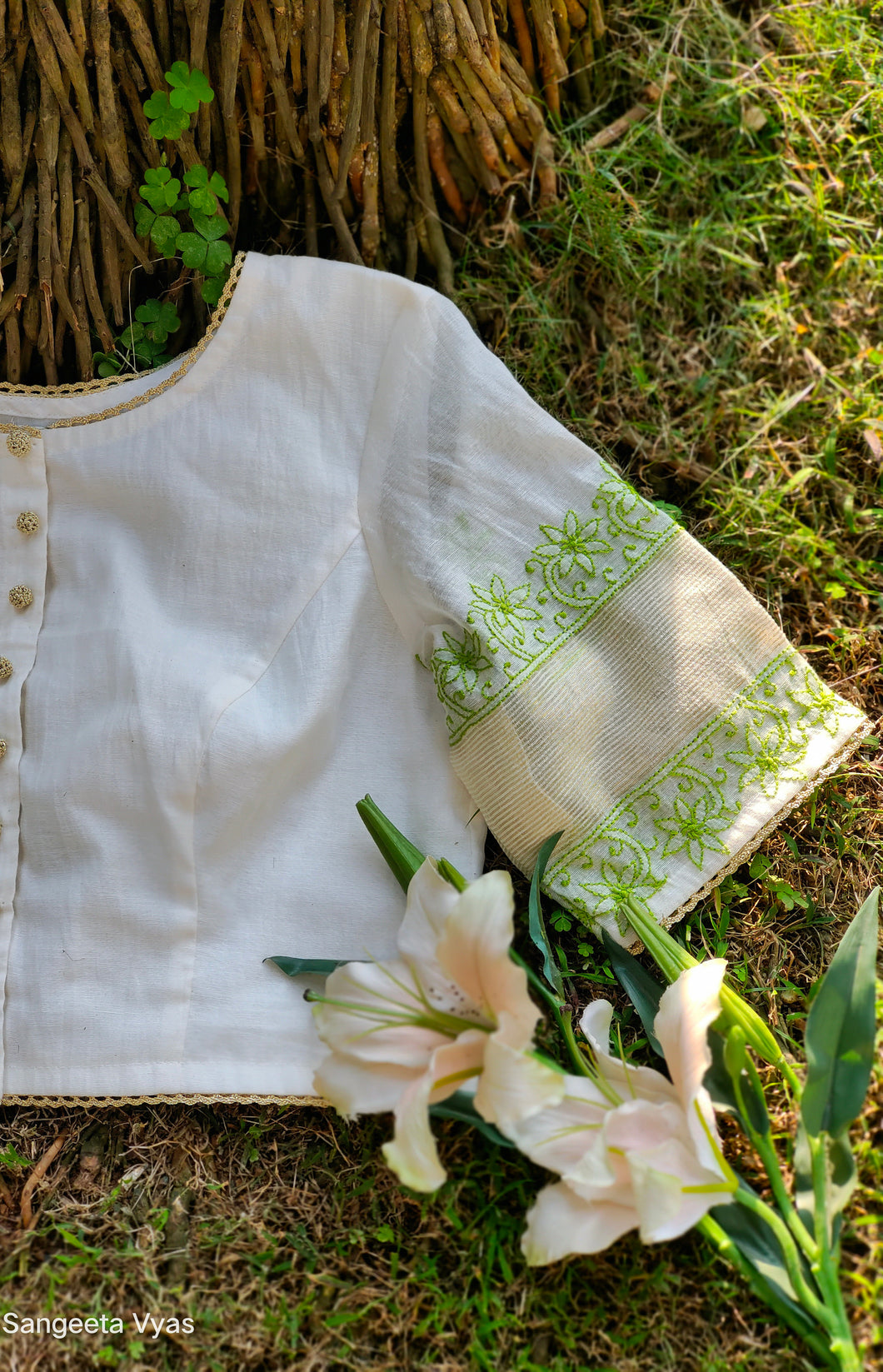 Chanderi Blouse with Green Chikankari Embroidery
