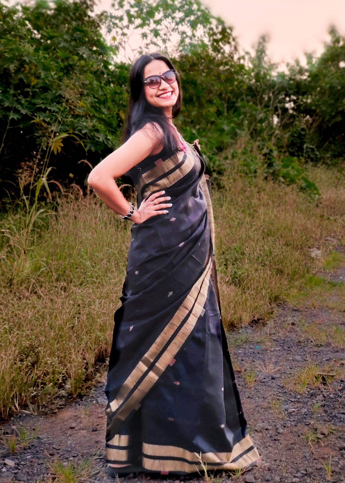Soft jute silk saree with bandhani print and cut brasso border