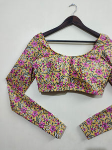 Churi: Yellow Handblock Floral Full Sleeve Cotton Printed Blouse