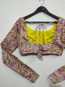 Churi: Yellow Handblock Floral Full Sleeve Cotton Printed Blouse