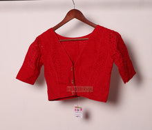 Load image into Gallery viewer, V Neck Chikankari Puff Sleeves Blouse (Red)

