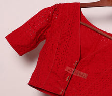 Load image into Gallery viewer, V Neck Chikankari Puff Sleeves Blouse (Red)
