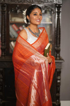 Load image into Gallery viewer, Orange checked Linen saree
