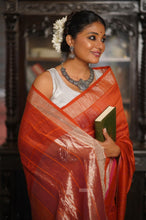 Load image into Gallery viewer, Orange checked Linen saree
