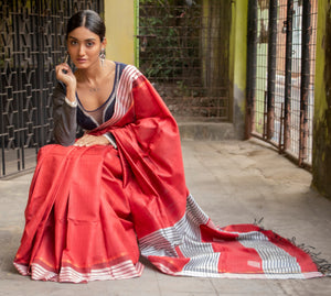 Red Bhagalpuri Raw Silk Designer Saree