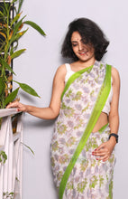 Load image into Gallery viewer, Zinnia- Flower Print Chiffon Saree (Light Green)
