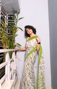 Zinnia- Flower Print Chiffon Saree (Light Green)