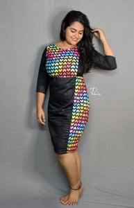 Multi-Colour Hearts & Black Solid Bodycon Dress