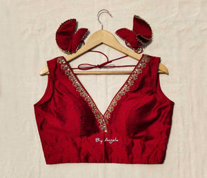 Plunged Neckline Embroidered Blouse - Maroon