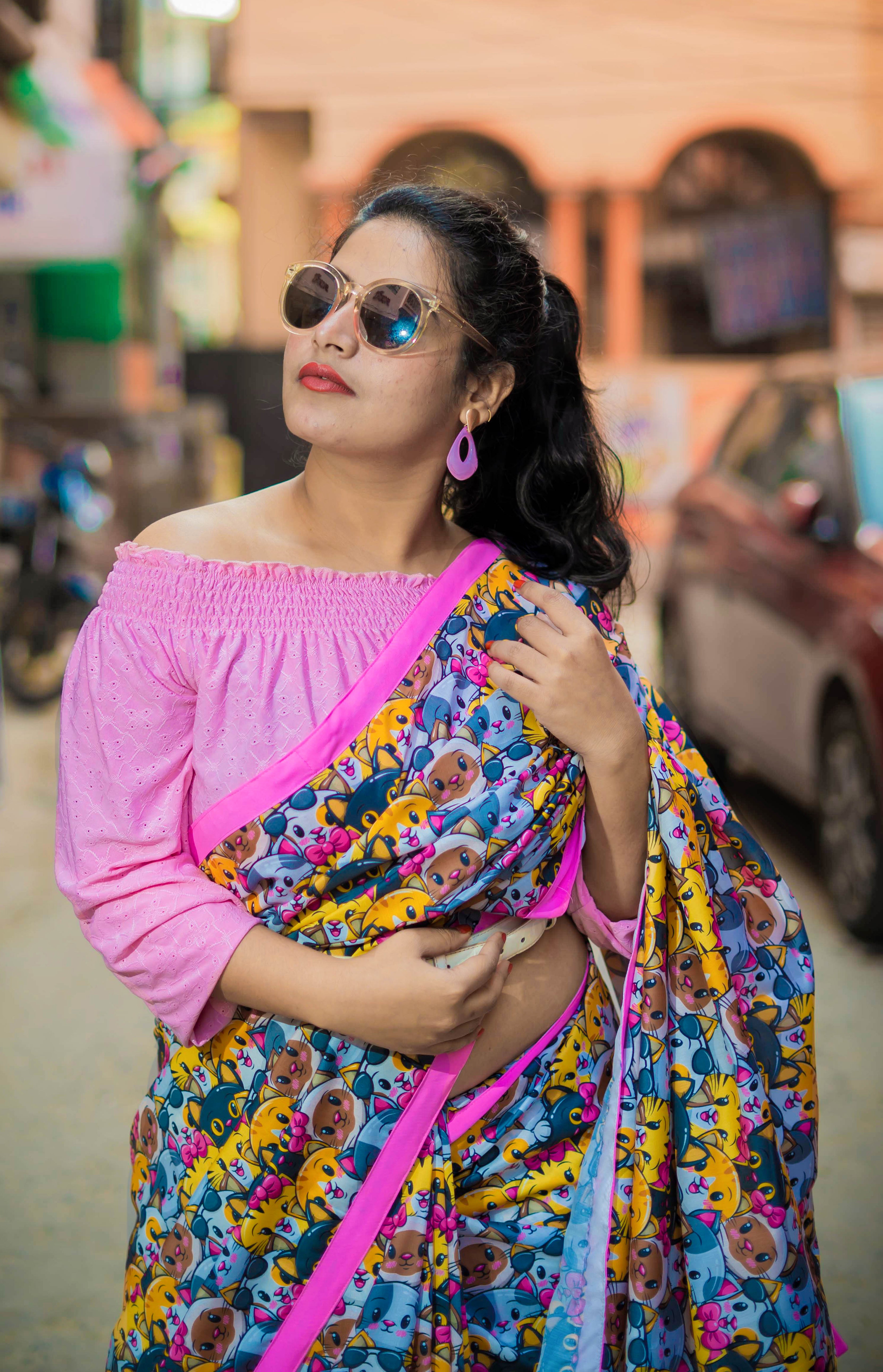 This hand dyed mul saree with cycle block print is a quirky print but  manages to give the drape an elegant fun touch.… | Saree designs, Indian  fashion, Saree styles