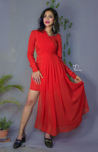 Flirty Fusion : Red Short Bodycon Dress with a Full Length Georgette Pleated Drape.