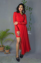Load image into Gallery viewer, Flirty Fusion : Red Short Bodycon Dress with a Full Length Georgette Pleated Drape.
