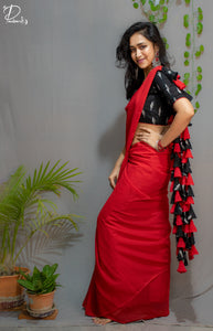 Red Georgette Saree with Black Ikkat & Red Tassels