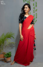 Load image into Gallery viewer, Red Georgette Saree with Black Ikkat &amp; Red Tassels
