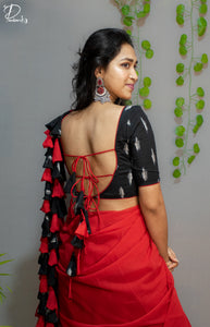 Black Backless Ikkat Blouse with Red Piping & Dori