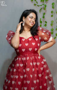 Sweet-Heart : Flared Dress in Red & White Heart Print