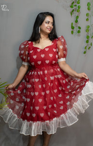Sweet-Heart : Flared Dress in Red & White Heart Print