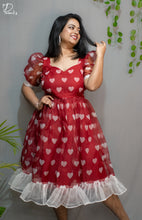 Load image into Gallery viewer, Sweet-Heart : Flared Dress in Red &amp; White Heart Print
