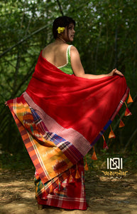 Red Gamcha Patchwork Saree With Tussles