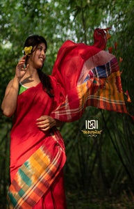 Red Gamcha Patchwork Saree With Tussles