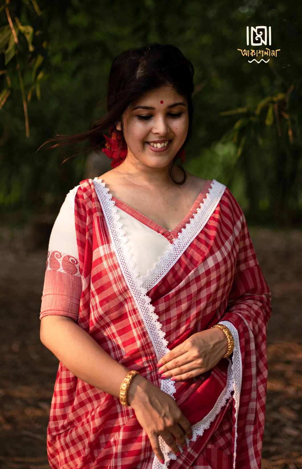 Red gamcha Saree With Cotton Lace Border
