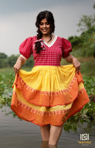 Cotton Gamcha dress with Hakoba Border - Red and Yellow