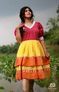 Cotton Gamcha dress with Hakoba Border - Red and Yellow