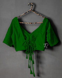 Backless Solid Blouse with Three Tie-up -  Bottle Green