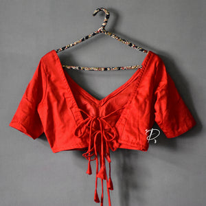 Backless Solid Blouse with Three Tie-up - Red