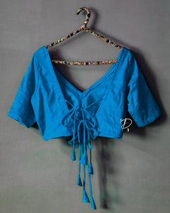 Backless Solid Blouse with Three Tie-up - Turquoise Blue