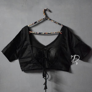 Backless Solid Blouse with Three Tie-up - Black