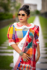 White Pure Cotton and Gamcha Patch Work Saree